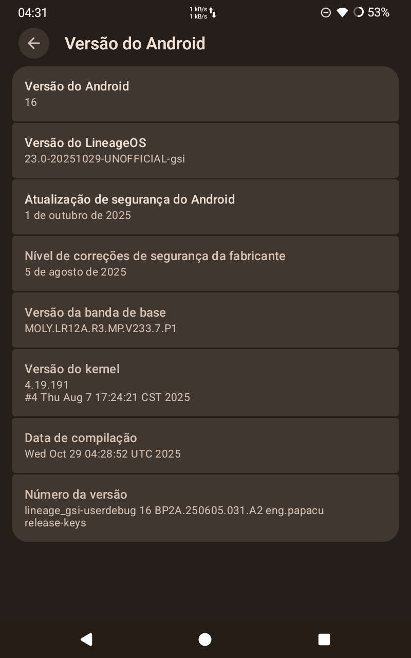 LineageOS 23.0 Setting on a Multilaser tablet